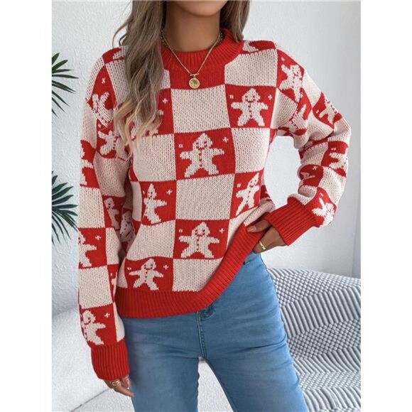 Christmas Checkerboard Gingerbread Round Neck Sweater - Picture 8 of 11